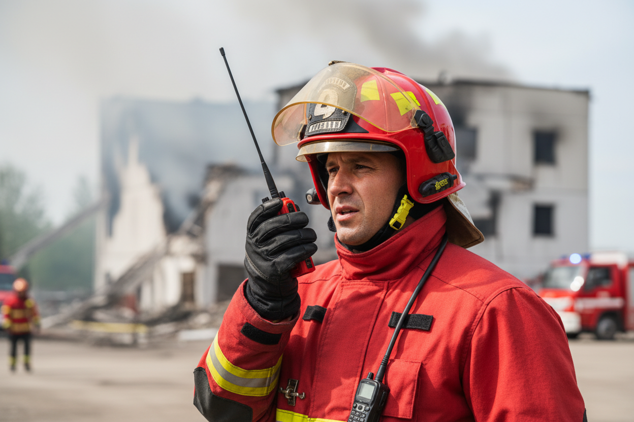 imagen de un bombero vestido con uniforme rojo, hablando por radio